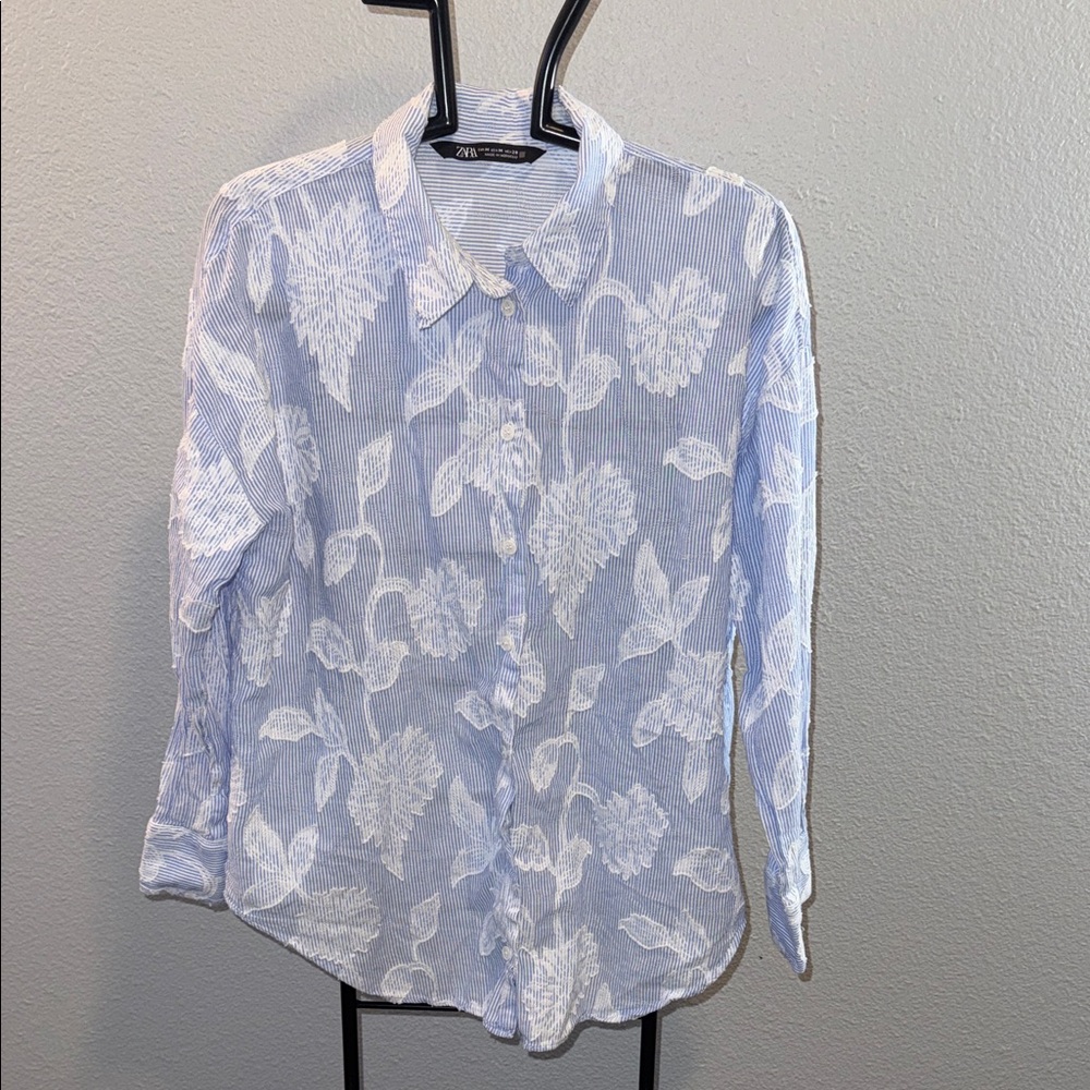 Zara Light Blue Striped Floral Button-Up Shirt
